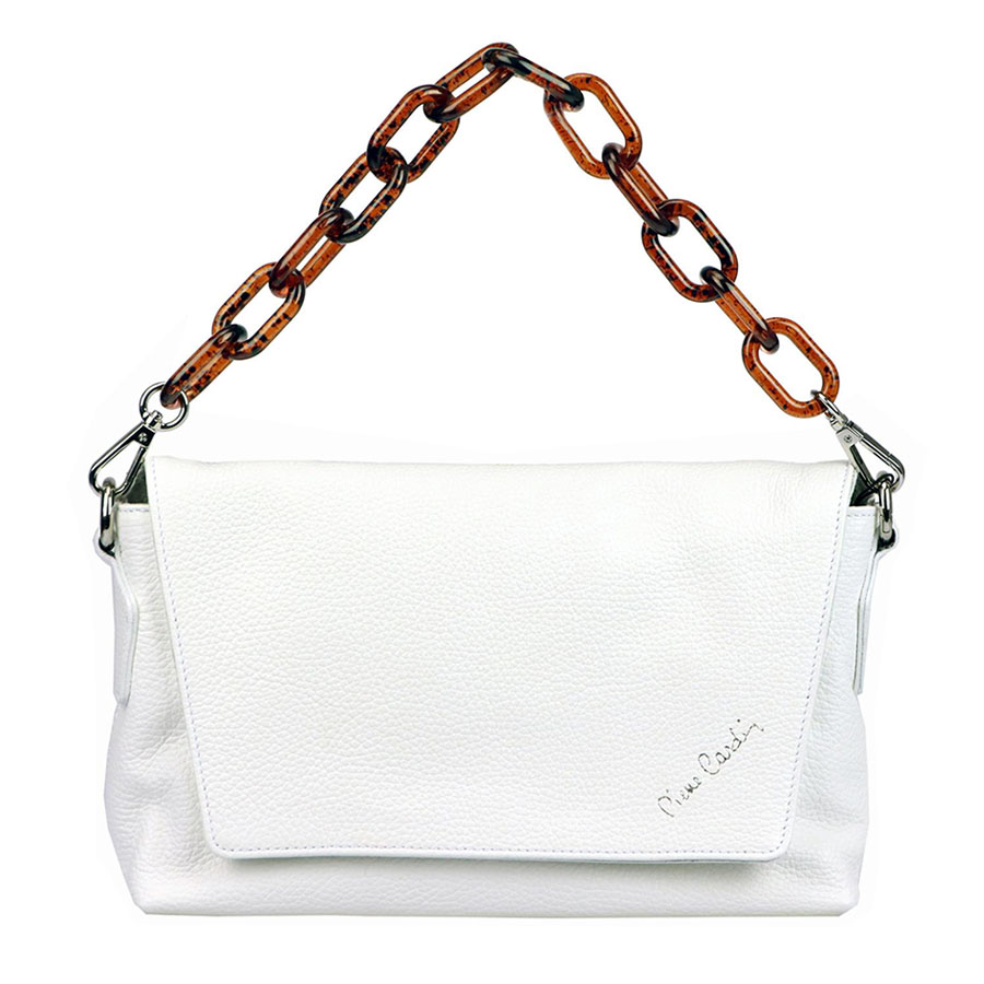 Detail produktu Biela kožená kabelka Pierre Cardin s plastovou rúčkou