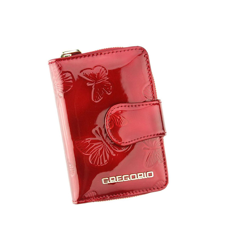 Menšia dámska červená kožená peňaženka s motýlikmi