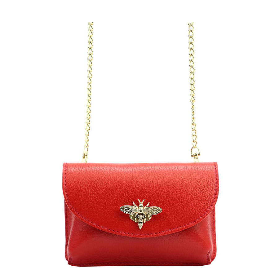 Detail produktu Mini červená kožená kabelka na retiazku s brošňou