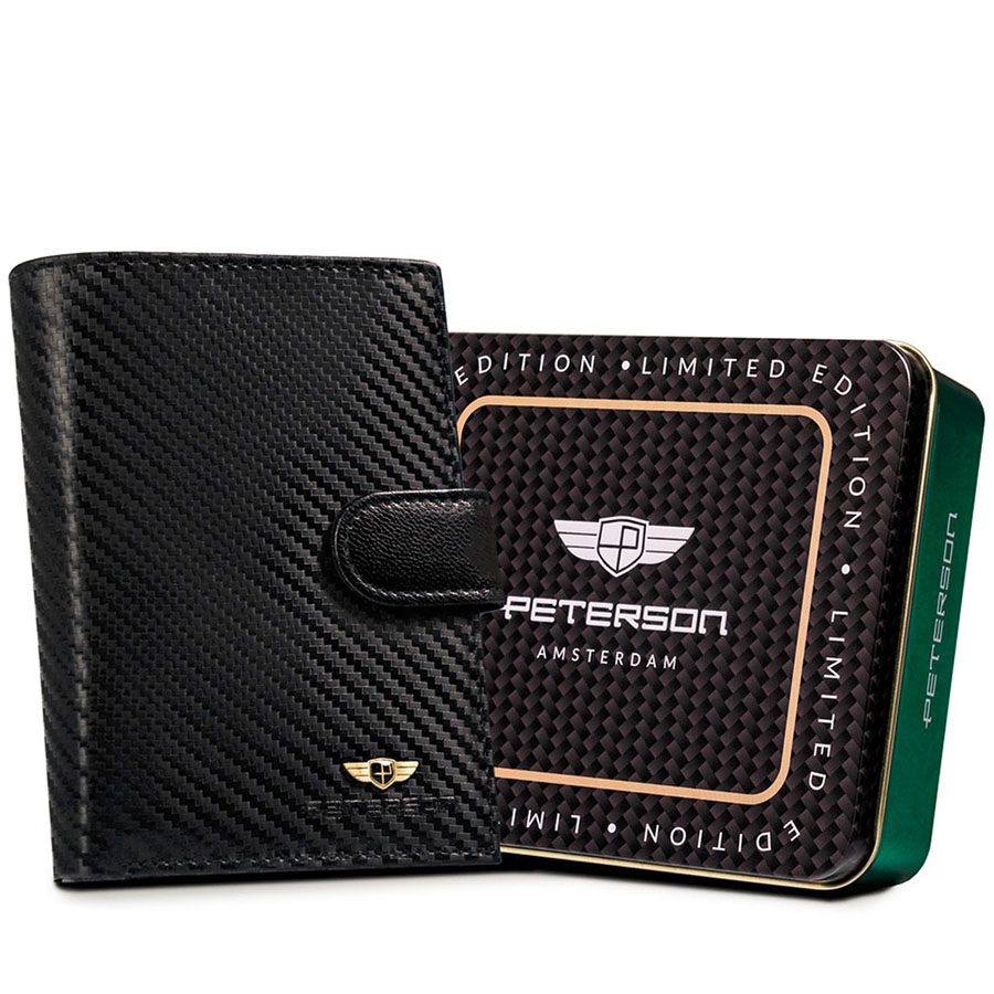 Detail produktu Luxusná čierna kožená peňaženka so zapínaním na výšku Peterson
