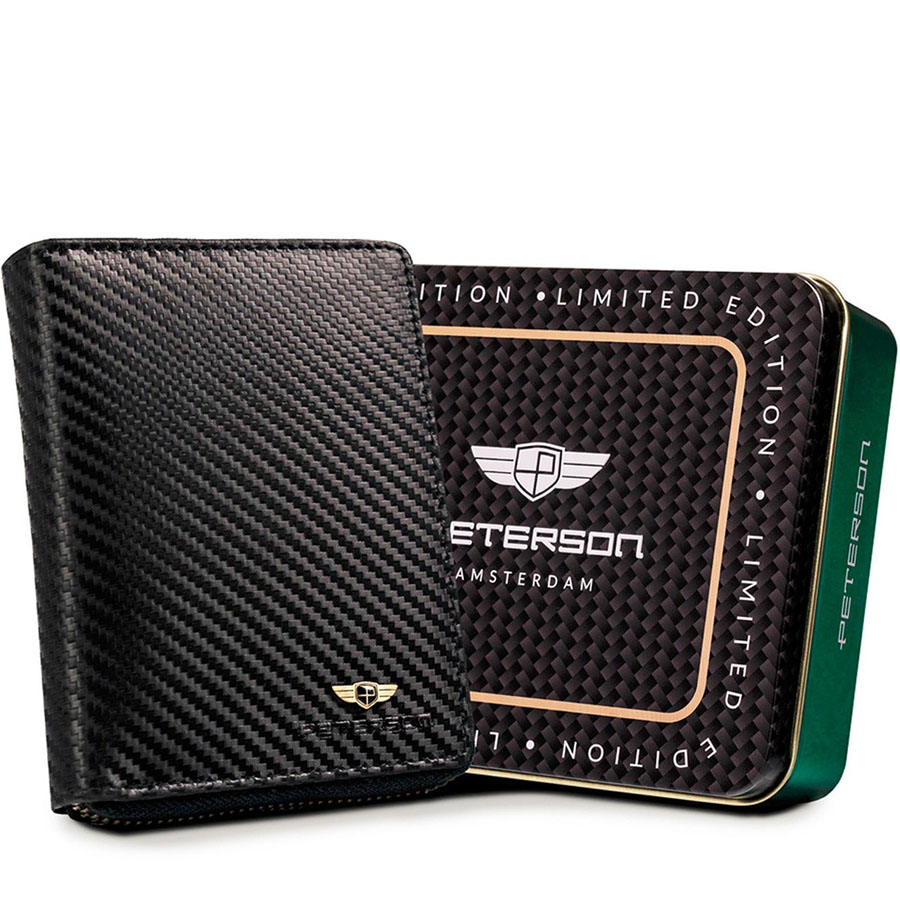 Detail produktu Luxusná čierna pánska kožená peňaženka Peterson na zips