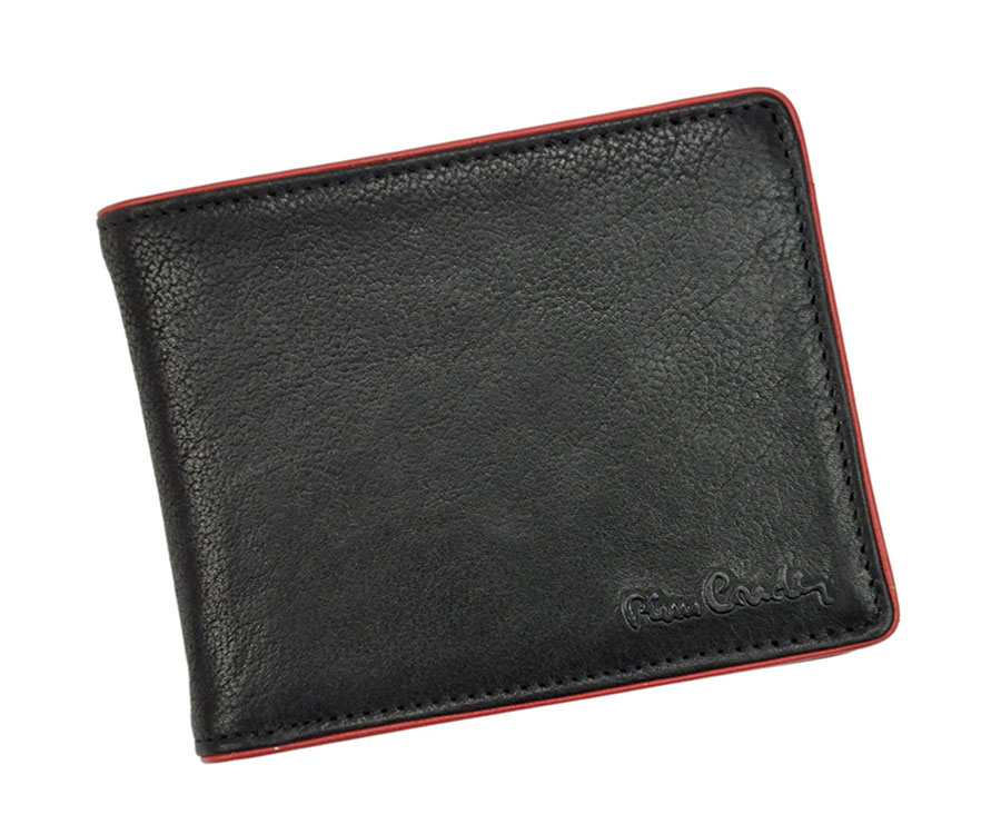 Detail produktu Čierna pánska kožená peňaženka Pierre Cardin s červeným okrajom