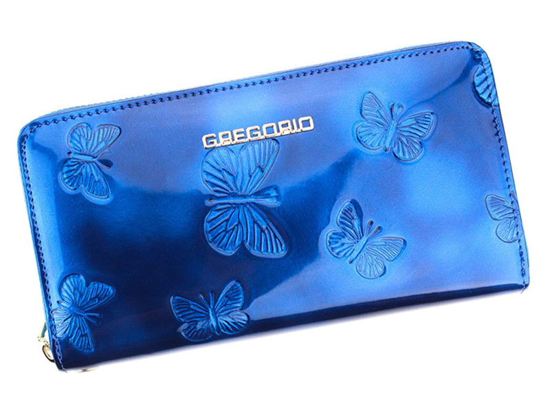 Detail produktu Veľká modrá kožená peňaženka na zips Gregorio s motýlikmi