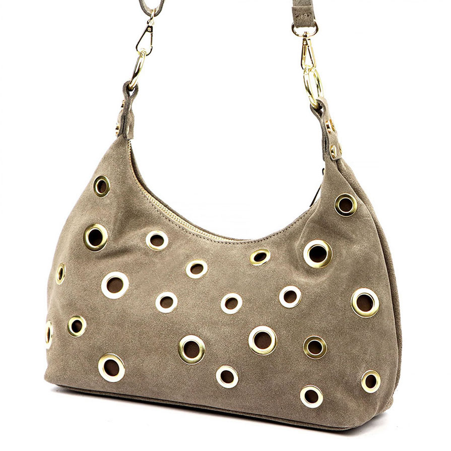 Detail produktu Dizajnová taupe kabelka z brúsenej kože