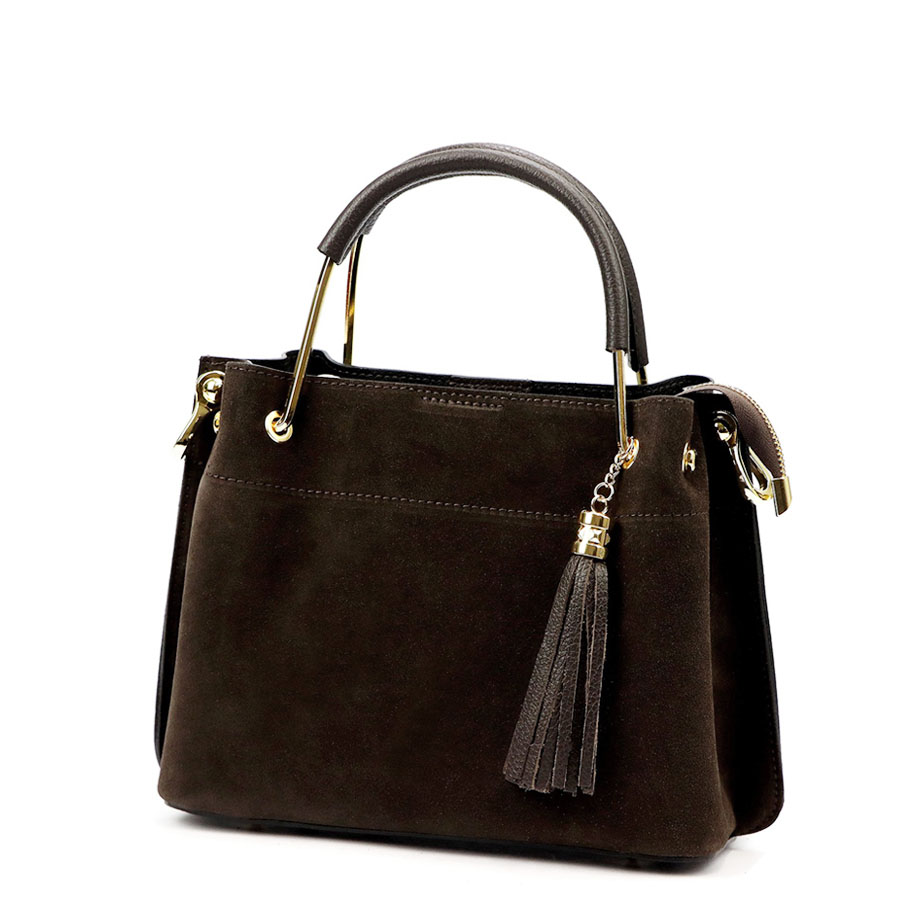 Detail produktu Hnedá menšia kožená kabelka do ruky so zlatými doplnkami