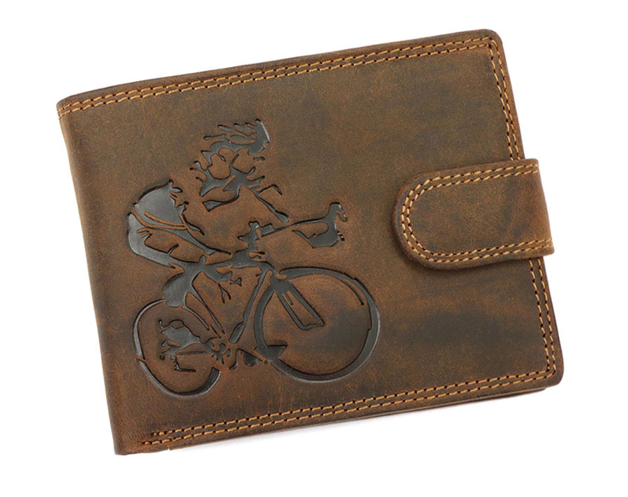 Hnedá pánska brúsená kožená peňaženka cyklista