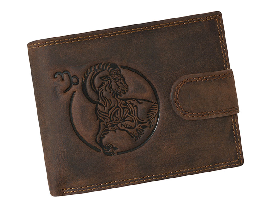 Hnedá pánska brúsená kožená peňaženka zverokruh Kozorožec