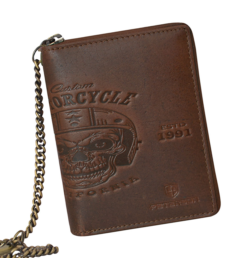 Detail produktu Kožená hnedá motorkárska peňaženka na zips s retiazkou