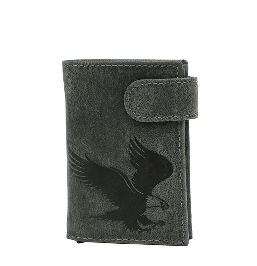 Malá šedá pánska kožená peňaženka s vysúvacím puzdrom na karty