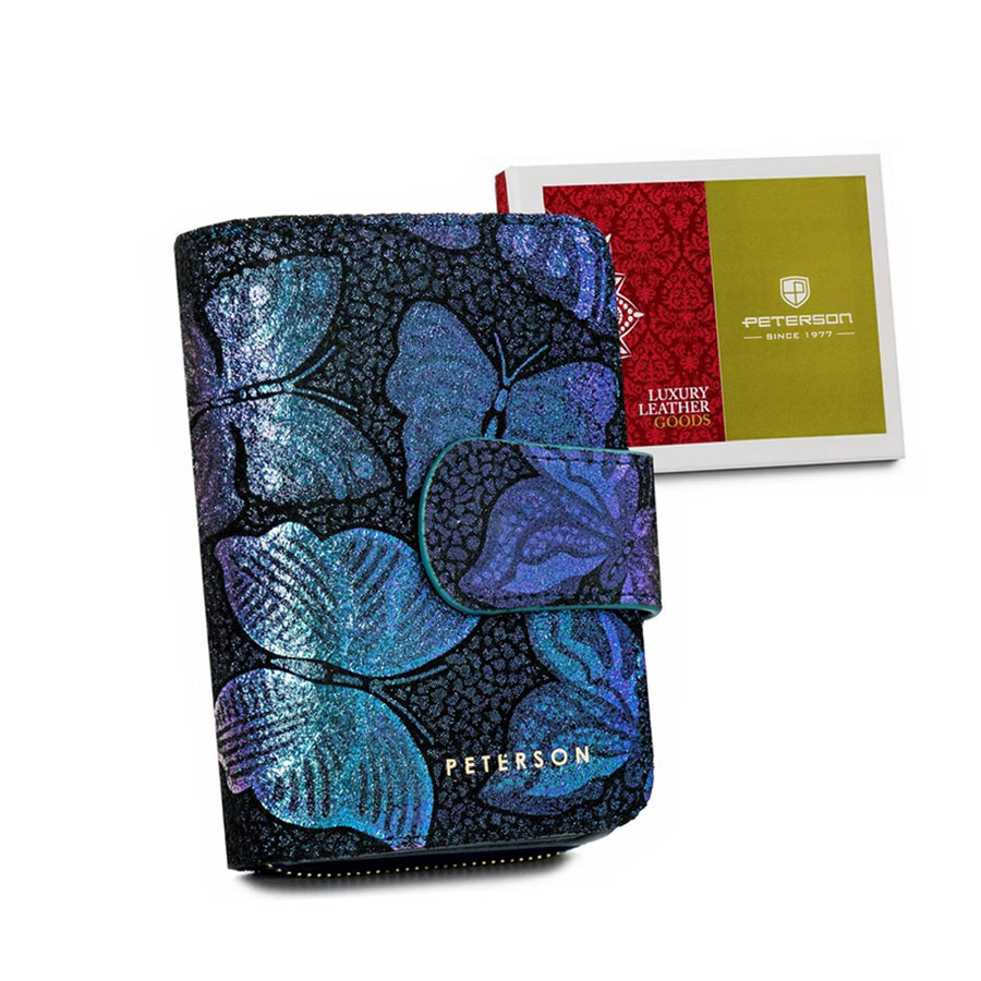 Detail produktu Menšia dámska modro-fialová kožená peňaženka s motýlikmi