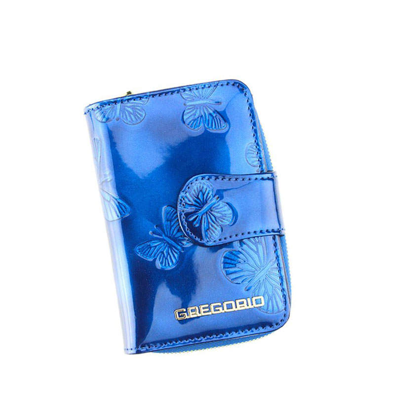 Menšia dámska modrá kožená peňaženka s motýlikmi