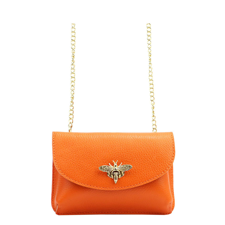 Mini oranžová kožená kabelka na retiazku s brošňou