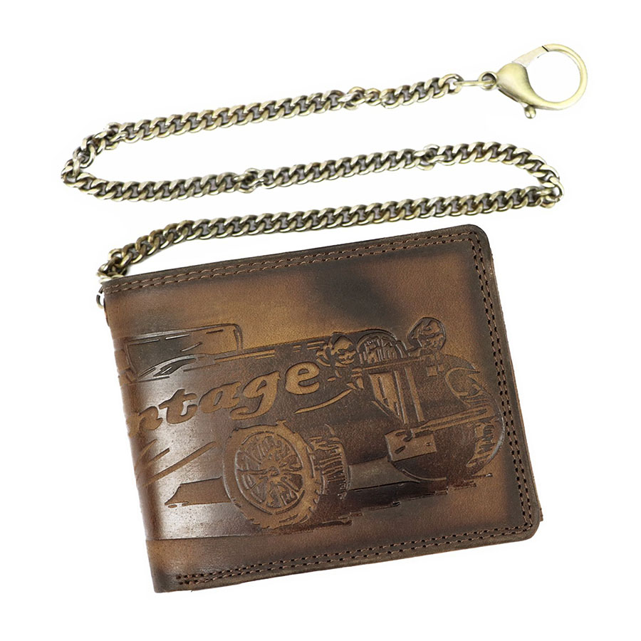 Hnedá pánska kožená peňaženka na retiazku s autom