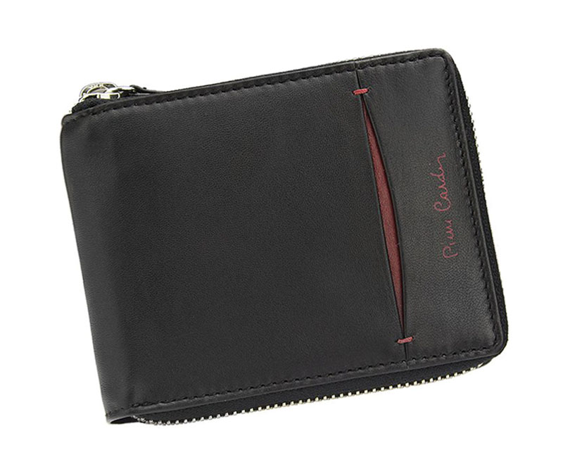 Detail produktu Čierna pánska kožená peňaženka na zips Pierre Cardin na šírku T07-2