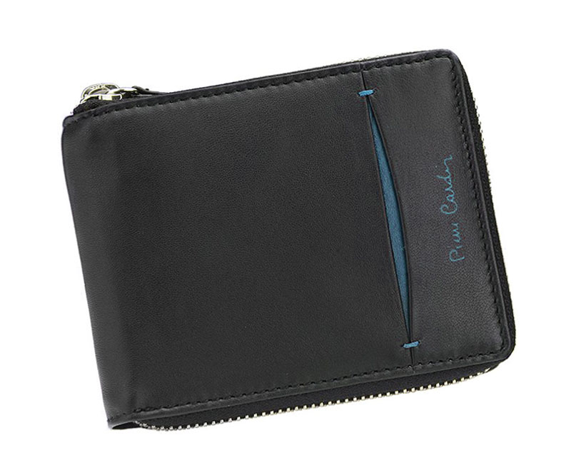 Detail produktu Čierna pánska kožená peňaženka na zips Pierre Cardin na šírku T07