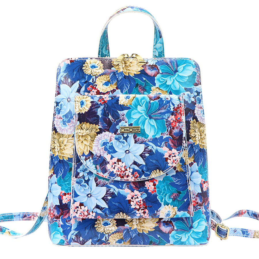 Detail produktu Modrý kvetovaný dámsky tenký kožený ruksak MiaMore