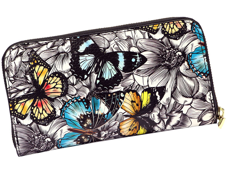 Veľká kožená peňaženka na zips s farebnými motýľmi