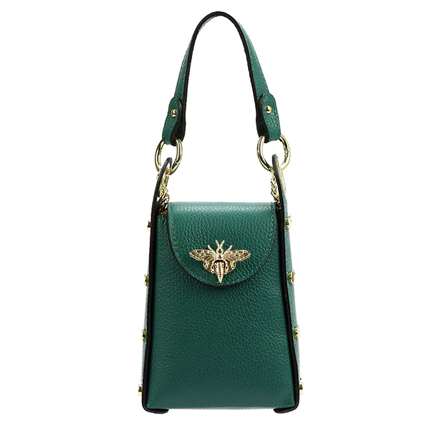 Detail produktu Malá zelená imidžová kabelka do ruky s brošňou